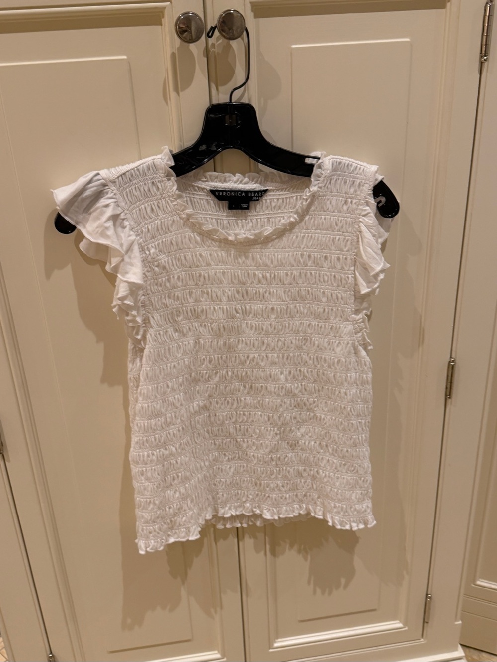 Veronica Beard White Smocked Ruffle Tank